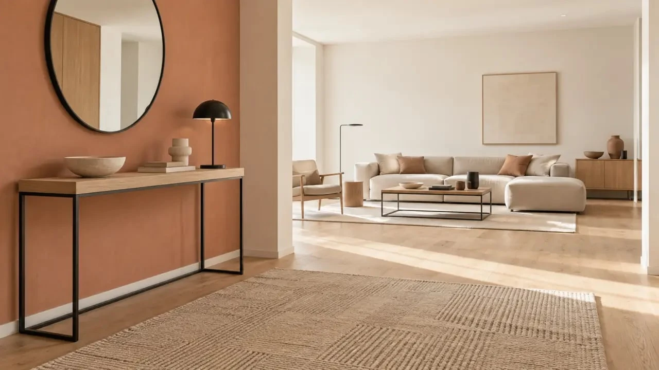 Décoration entrée de maison ouverte sur le salon avec tapis et console