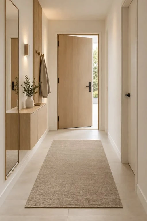 Décoration entrée de maison dans un petit couloir avec rangements muraux et miroir