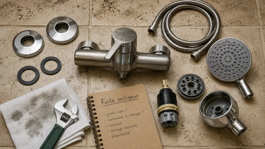 Fuite de mitigeur de douche : poignée, écrous ou cartouche, le diagnostic qui évite de tout changer
