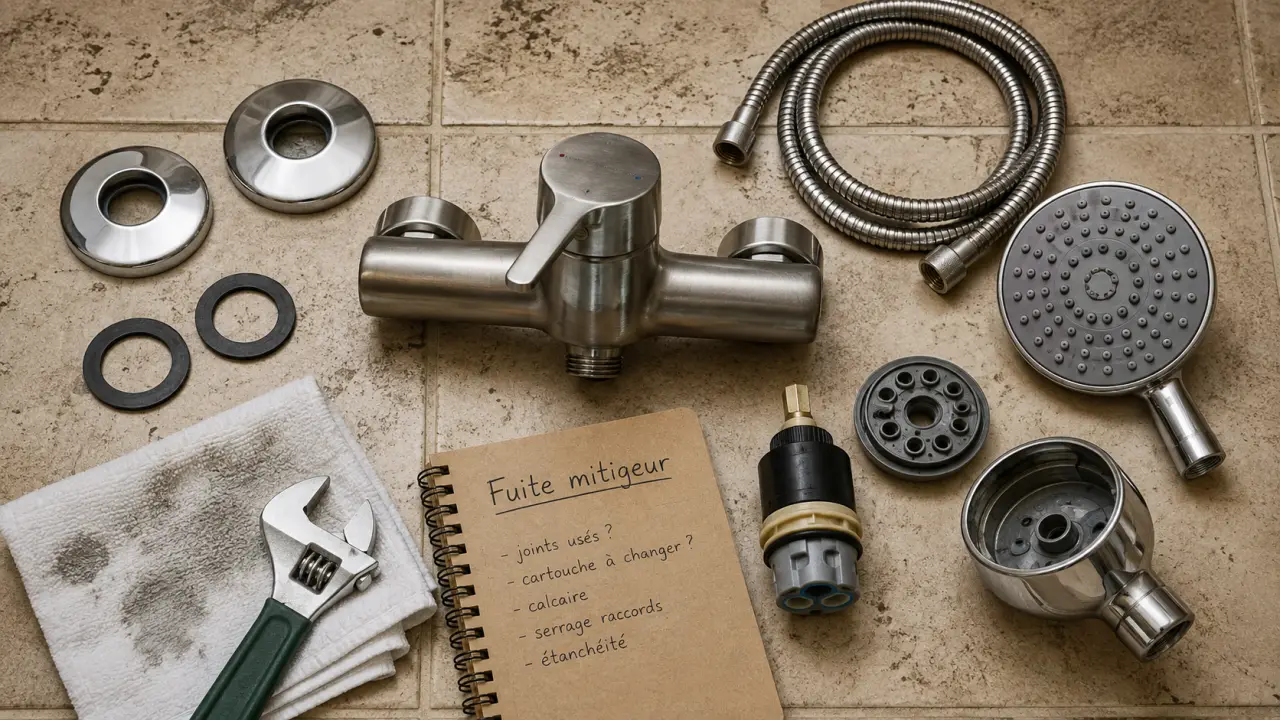 Fuite mitigeur douche : poignée, écrous et cartouche pour diagnostic