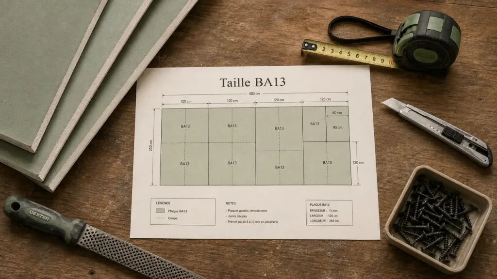 La plaque BA13 mesure généralement 120 x 250 cm, avec 12,5 mm d’épaisseur