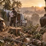 Tarif abattage arbre avec évacuation : rogneuse et pelle sur chantier