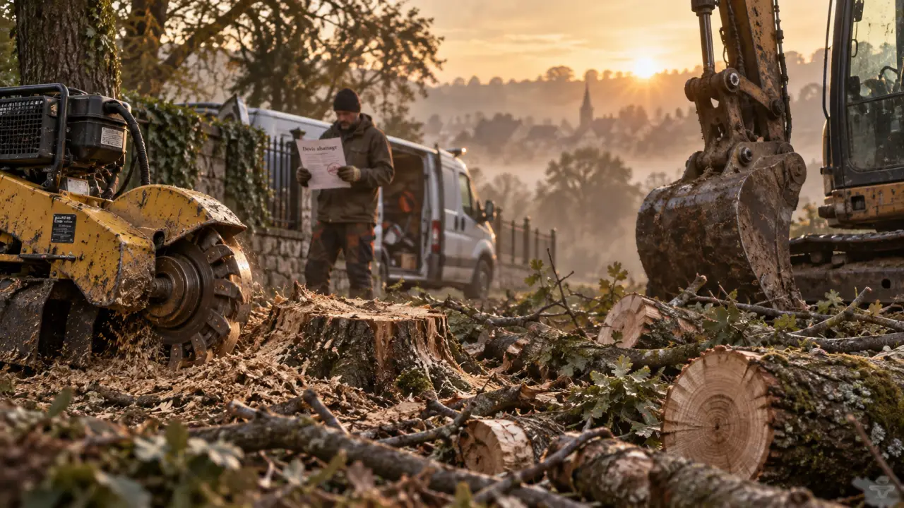 Tarif abattage arbre avec évacuation : rogneuse et pelle sur chantier
