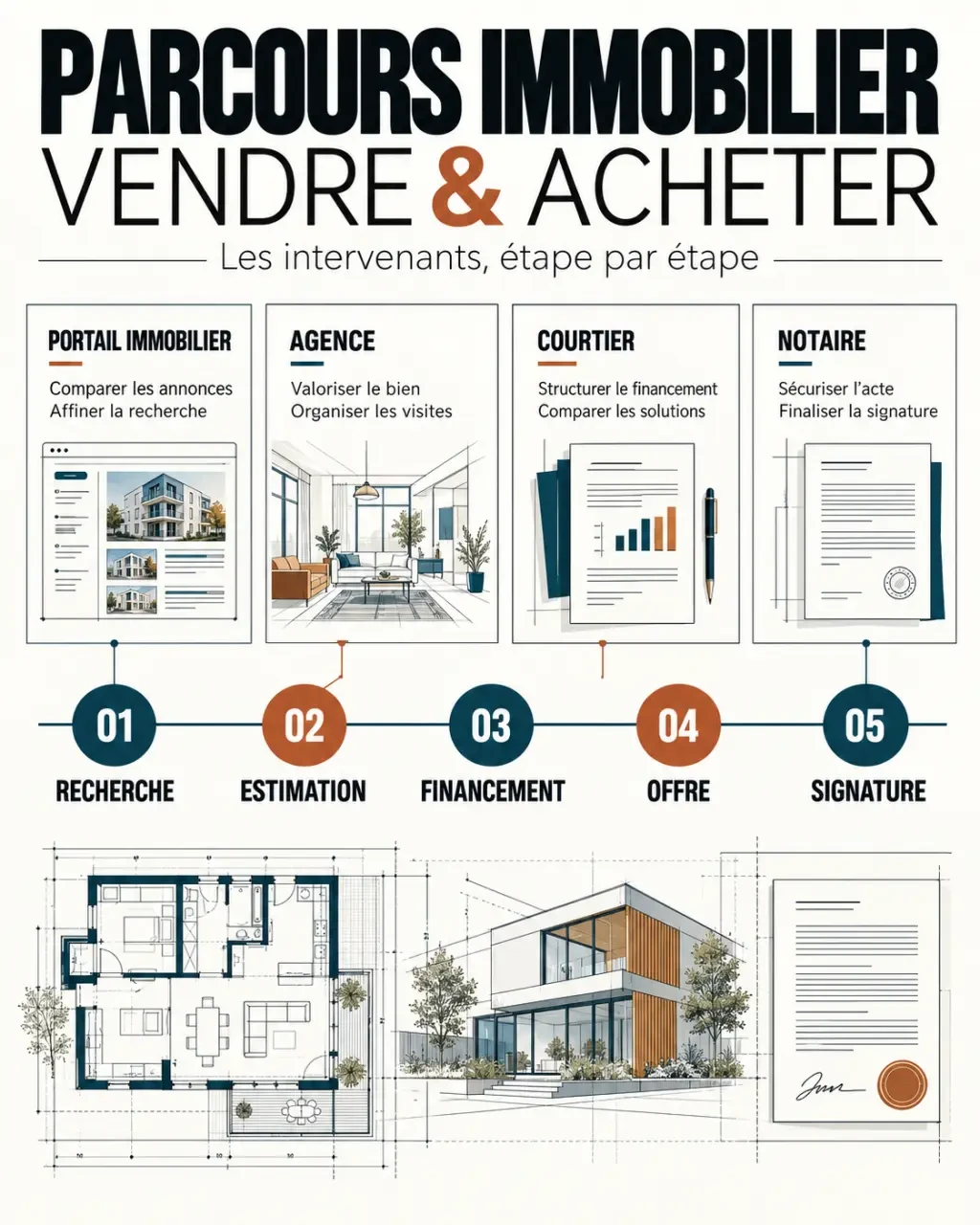 Infographie sur le parcours immobilier vente achat et les rôles du portail, de l’agence, du courtier et du notaire
