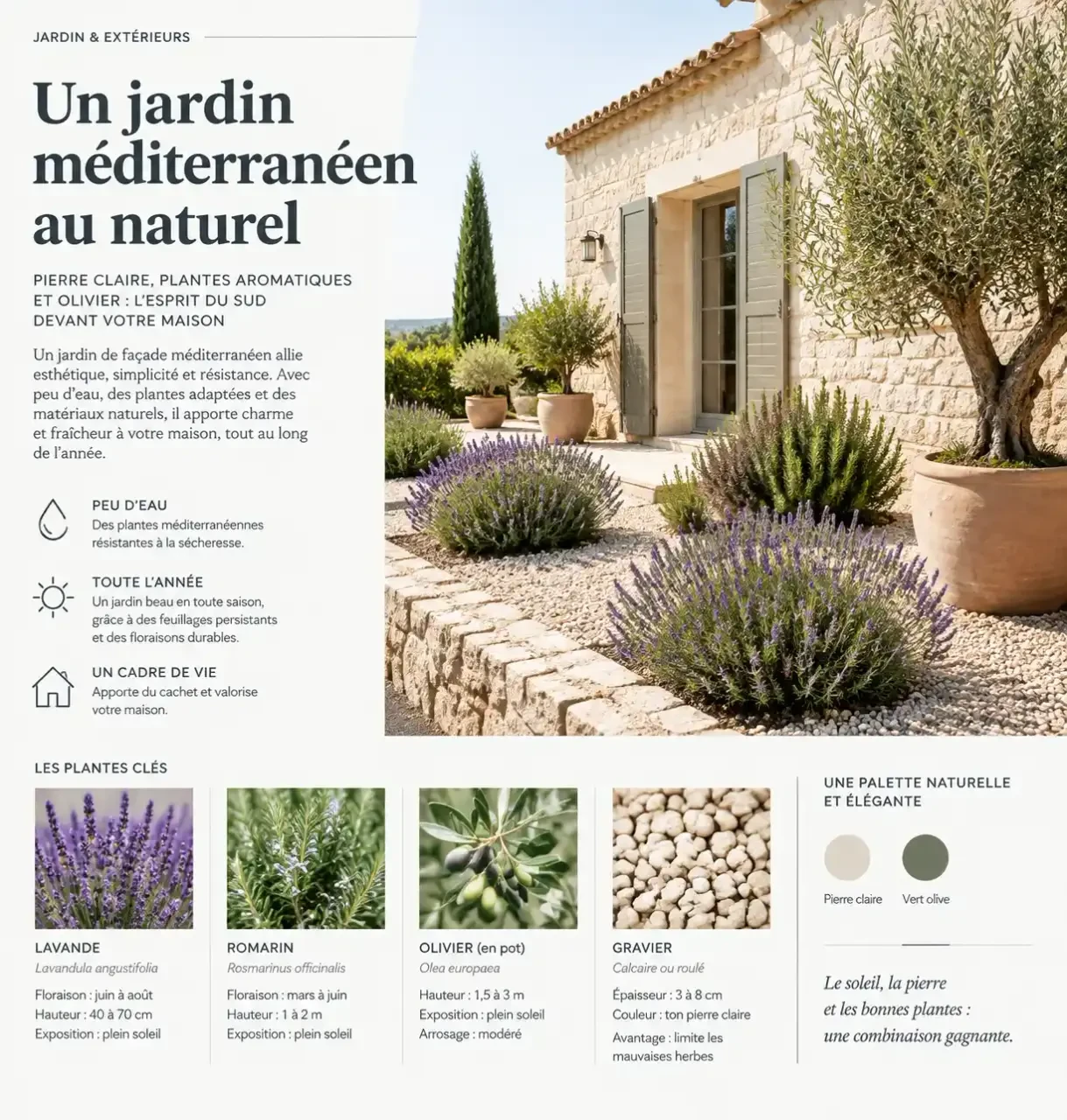 Aménagement jardin devant maison de style méditerranéen avec lavande, romarin et gravier