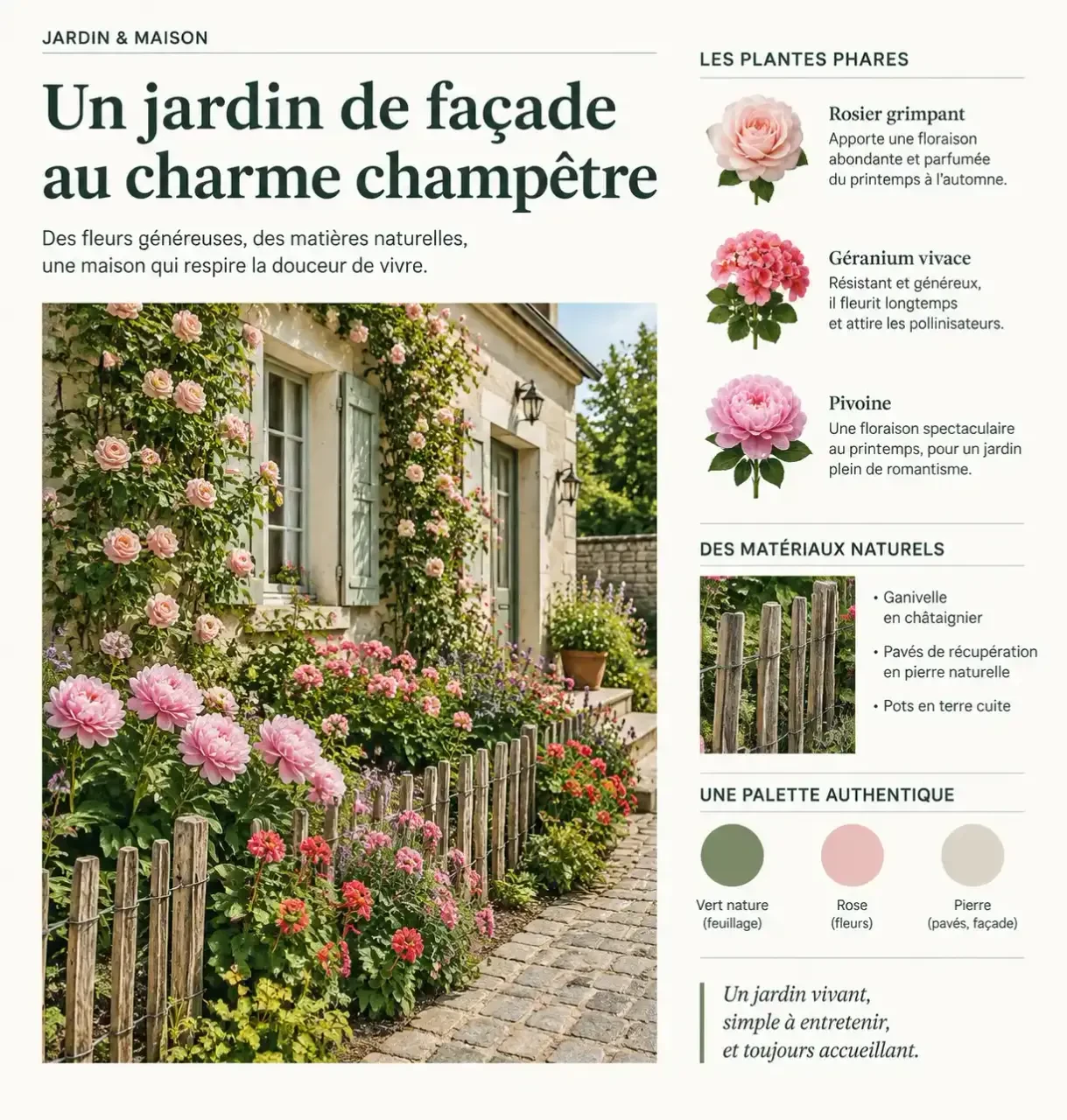Idée aménagement jardin devant maison champêtre avec rosiers, vivaces et pavés de récupération