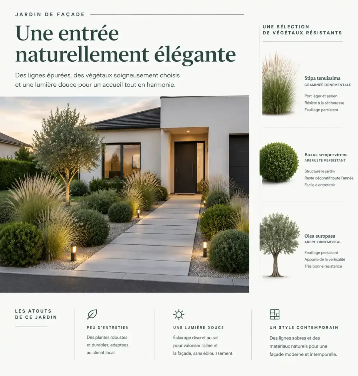 Idée d'aménagement paysager de jardin devant maison avec allée en dalles, graminées et arbustes persistants