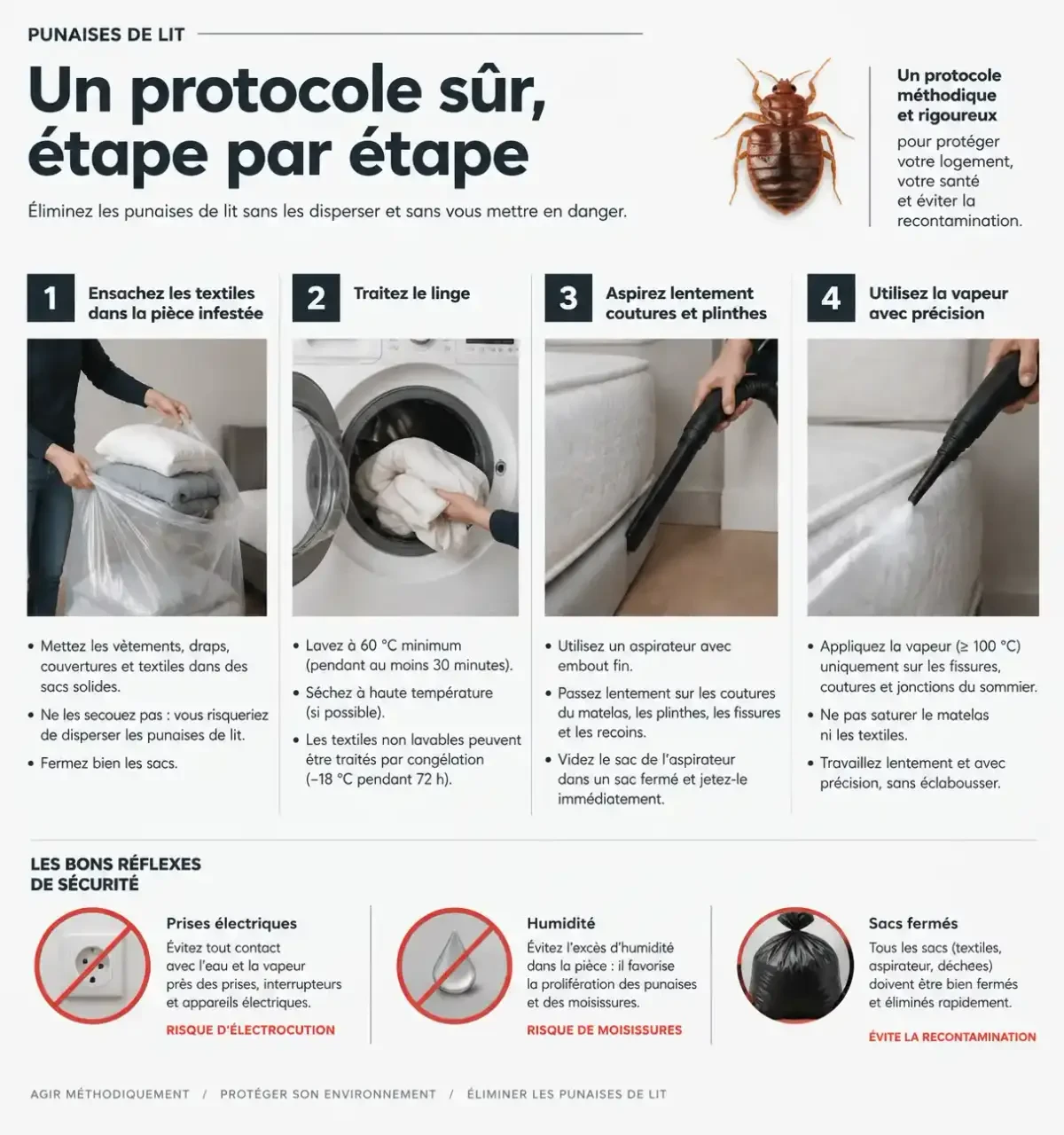 Punaise de lit traitement naturel : étapes pour ensacher, aspirer et utiliser la vapeur