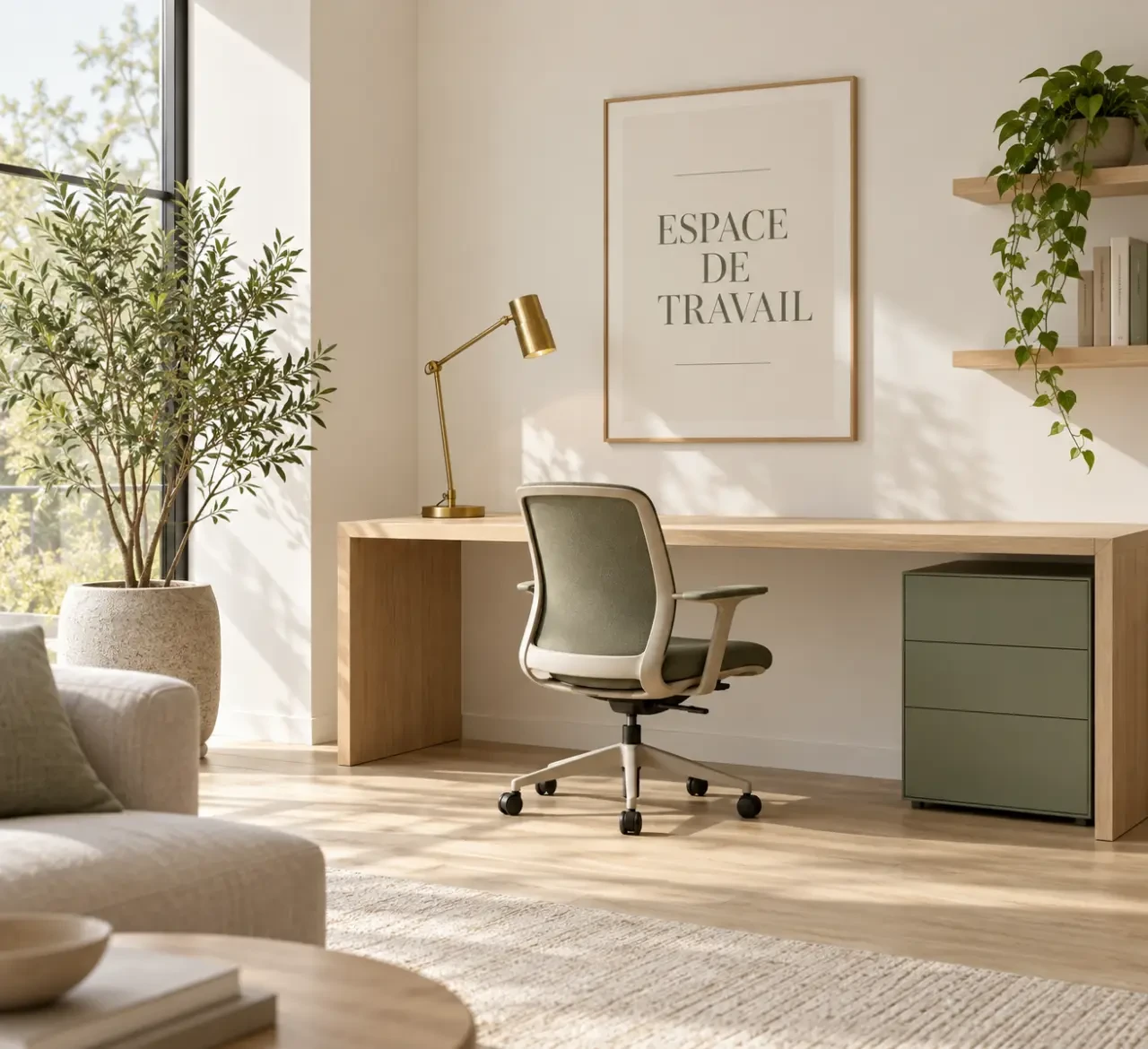 Déco pour bureau maison : coin bureau en bois clair avec lampe orientable, chaise réglable et rangement discret dans un salon lumineux