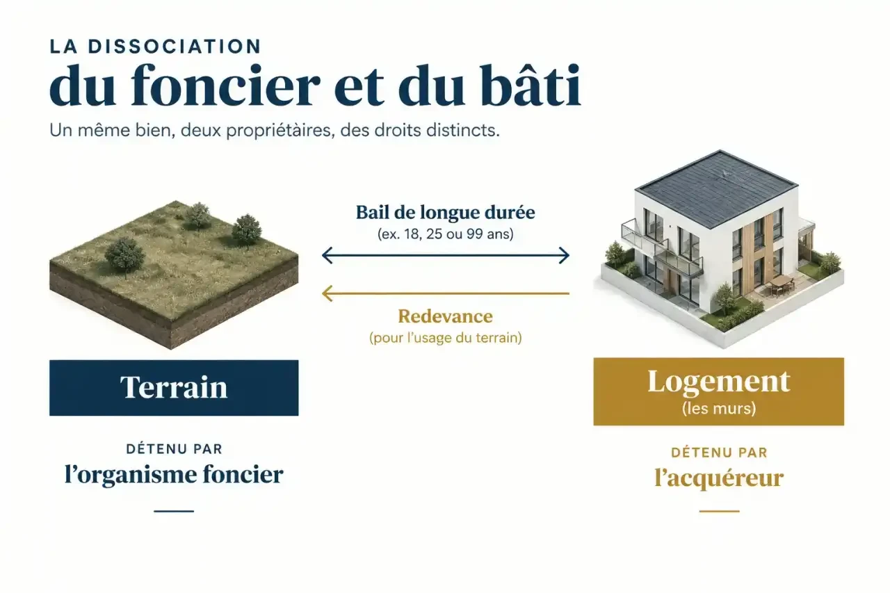 Schéma de la loi Lagleize 2025 : séparation du terrain, détenu par un organisme foncier, et du logement, acheté par le ménage