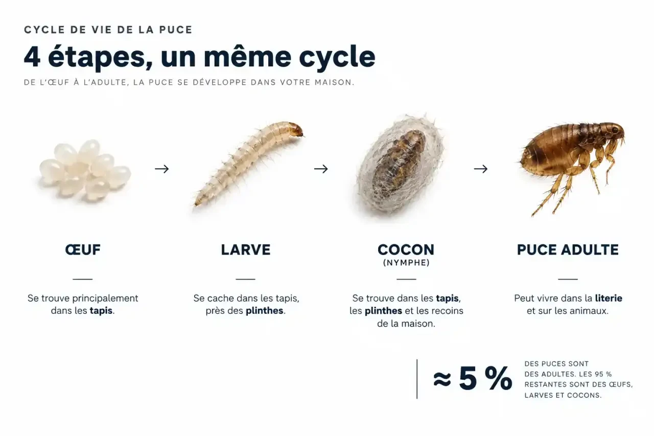 Cycle de vie des puces (œuf, larve, cocon, adulte) pour comprendre pourquoi une maison envahie de puces nécessite plusieurs traitements