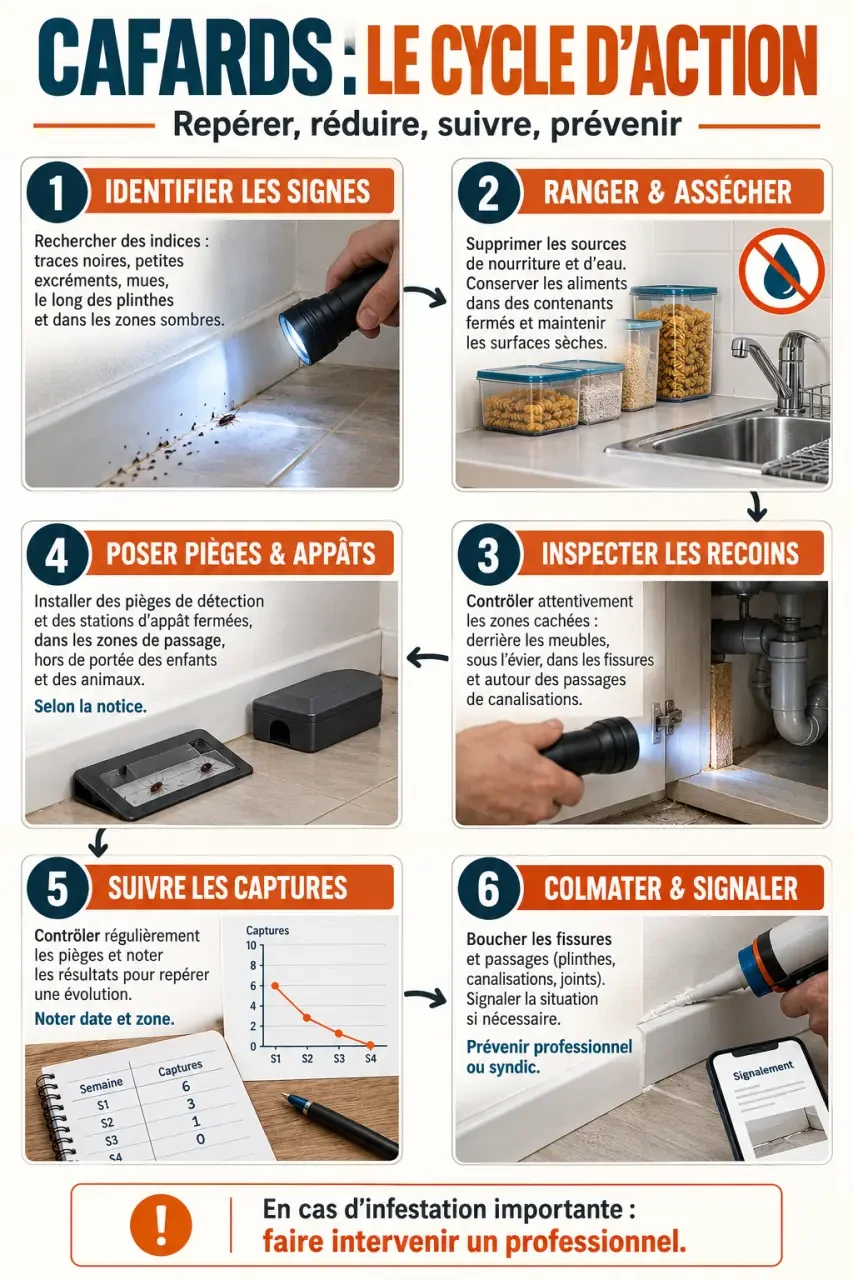 Infographie pour lutter contre cafard : inspection, nettoyage, appâts, surveillance et prévention