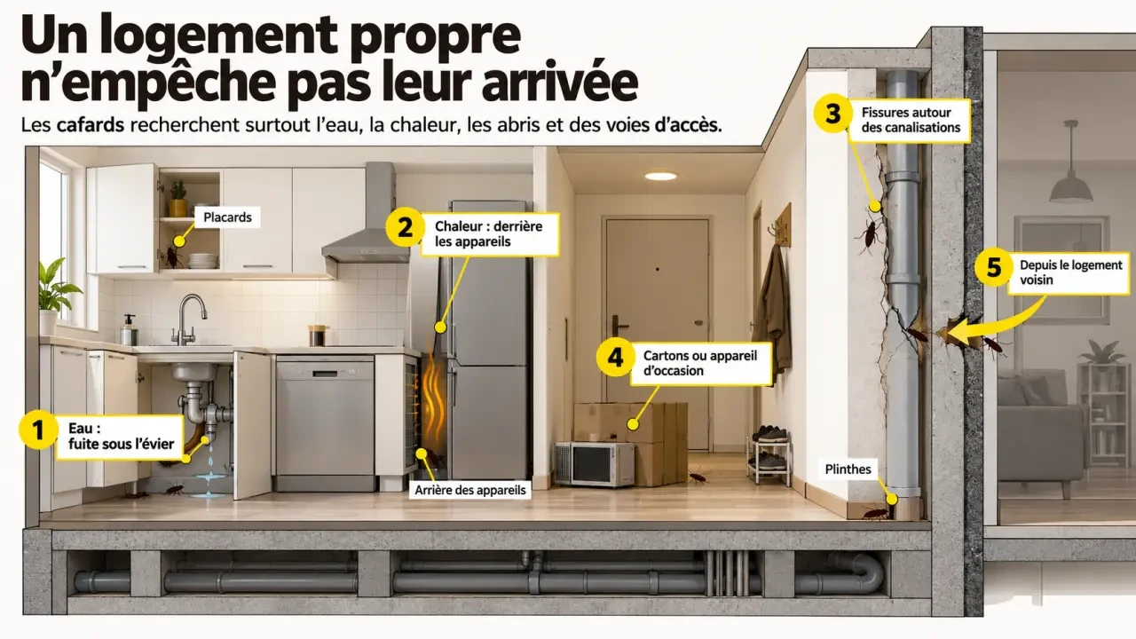 Pourquoi j ai des cafards chez moi : principales voies d’entrée et facteurs qui favorisent leur présence
