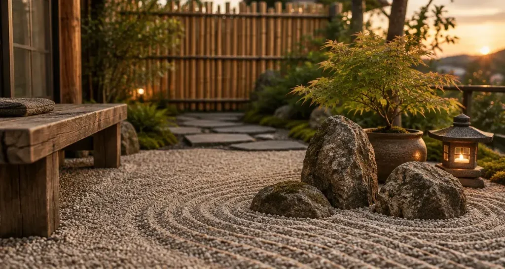Un jardin zen extérieur pas cher repose sur le gravier, les pierres et la sobriété