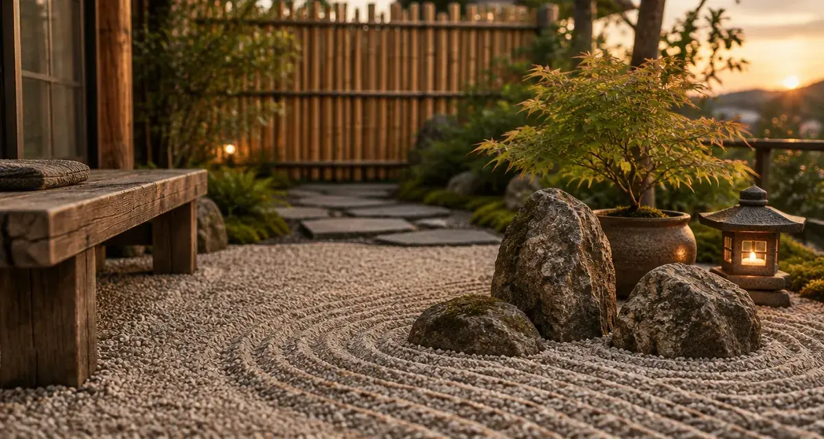 Jardin zen exterieur pas cher : gravier ratissé, pierres, lanternes